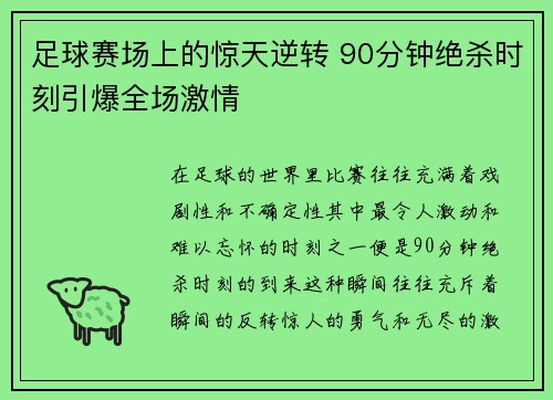 足球赛场上的惊天逆转 90分钟绝杀时刻引爆全场激情