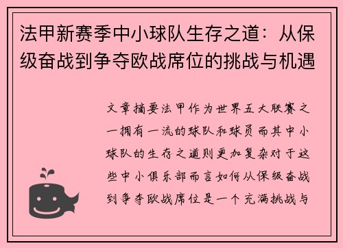 法甲新赛季中小球队生存之道：从保级奋战到争夺欧战席位的挑战与机遇