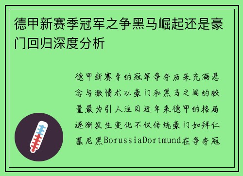 德甲新赛季冠军之争黑马崛起还是豪门回归深度分析
