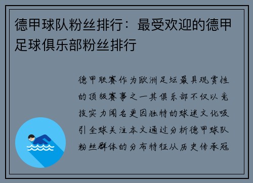德甲球队粉丝排行：最受欢迎的德甲足球俱乐部粉丝排行